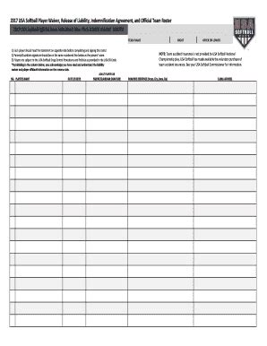 Fillable Online 2017 USA Softball Player Waiver, Release of Liability ...