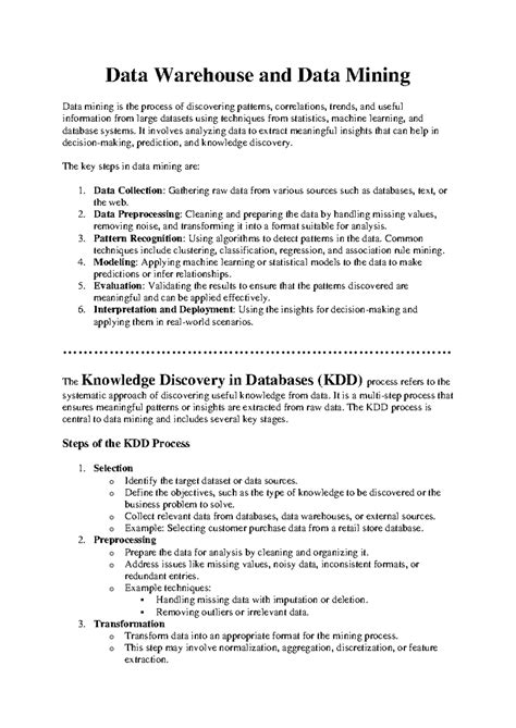 Data Warehouse and Data Mining: Key Concepts and Techniques (CS 3 & 4 ...