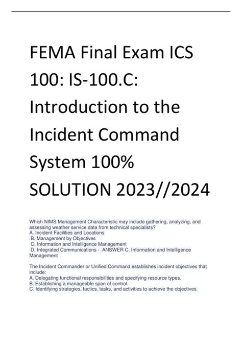 FEMA Final Exam ICS 100: IS-100.C: Introduction to the Incident Command ...