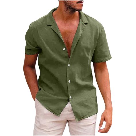 POTETI Mens Summer Shirts Short Sleeve Casual High Neck Hawaiian Cotton ...