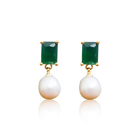 Elegant SP Emerald Studs With White Oval Pearl Drops | Pure Pearls