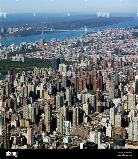 aerial view above upper east side Harlem George Washington bridge ...
