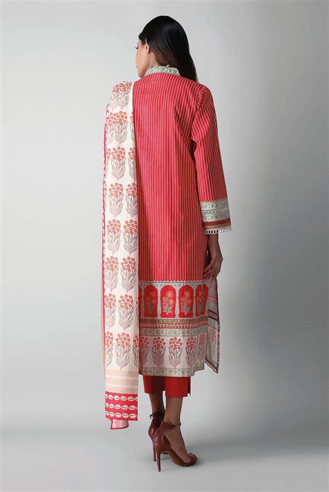 Khaadi Printed 3 Piece Suit · Full Suit – A2104038B- Red – YourLibaas
