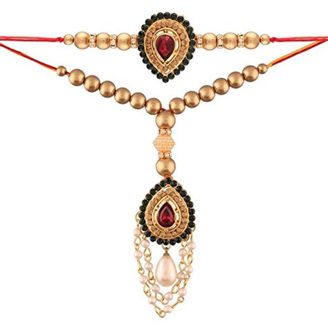 I Jewels Men Designer Stone Pearl Hanging Bhaiya Bhabhi Lumba Rakhi Set ...