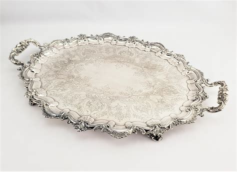Large Antique English Footed Silver Plated Serving Tray with Floral ...