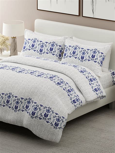 Siesta 100% Cotton 200 TC White & Blue Ethnic Print King Bedsheet with ...