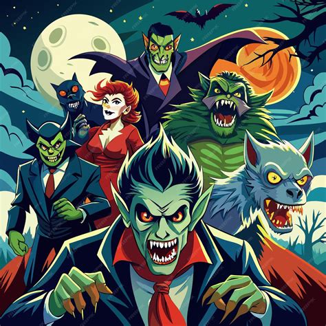 Classic Halloween monsters like vampires with fangs and capes and ...