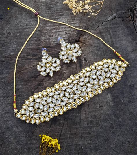 Gold Plated Mirror Stone Choker Necklace Set 19179N – Griiham