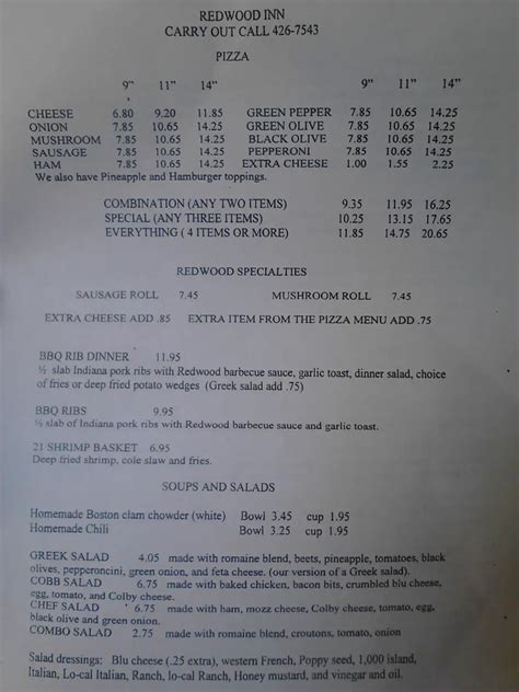 Menu at Redwood Inn pizzeria, Fort Wayne