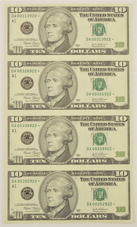 Rare** UNCUT SHEET - 2003 Ten Dollar Bill - Choice Unc - Never Cut by ...