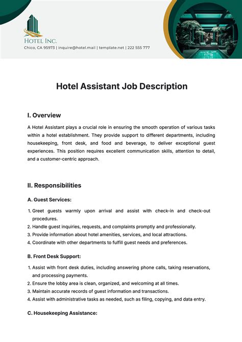 Free Hotel Assistant Job Description Template to Edit Online