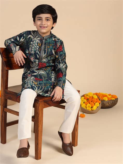 Kisah Boy's Navy Blue Floral Kurta