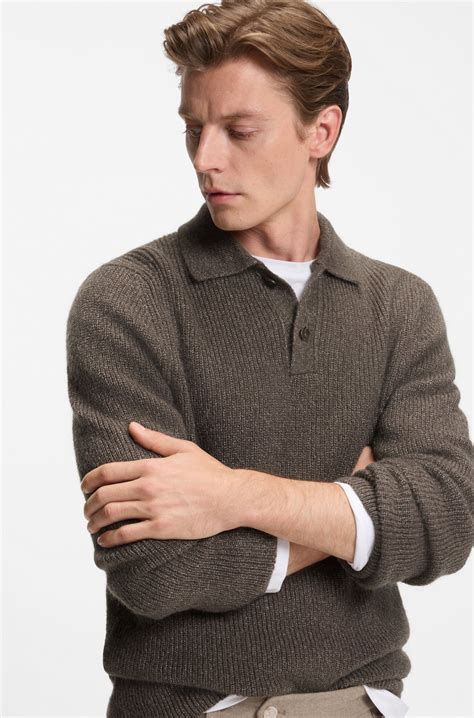 BOSS - BECKHAM x BOSS polo-collar sweater with mouliné rib - Brown