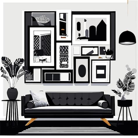 Interior design with photo frames and white couch vector illustration ...