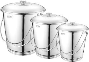 Mintage Stainless Steel Bucket/ Balti with lid Set BKT10+12+14 38.5 L ...