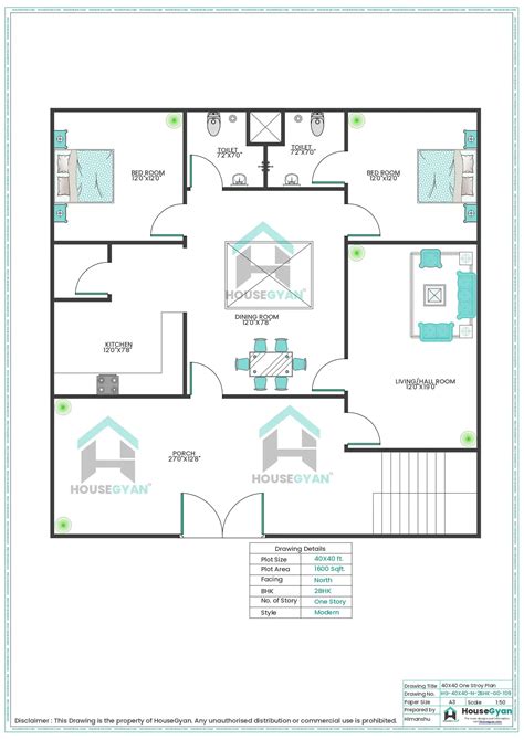 40X40 North Facing 2BHK Ground Floor House Plan | 1600 Sqft Plot Floor ...