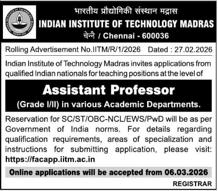 IIT Madras Assistant Professor Recruitment 2026: Rolling Advertisement ...