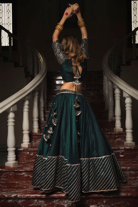 Mimosa Dark Green Cotton Silk Gotta Patti Work Lehenga With Jaal Work ...