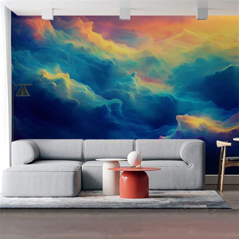 Abstract Landscape Mural Wallpaper | Green, Blue, Yellow and White ...