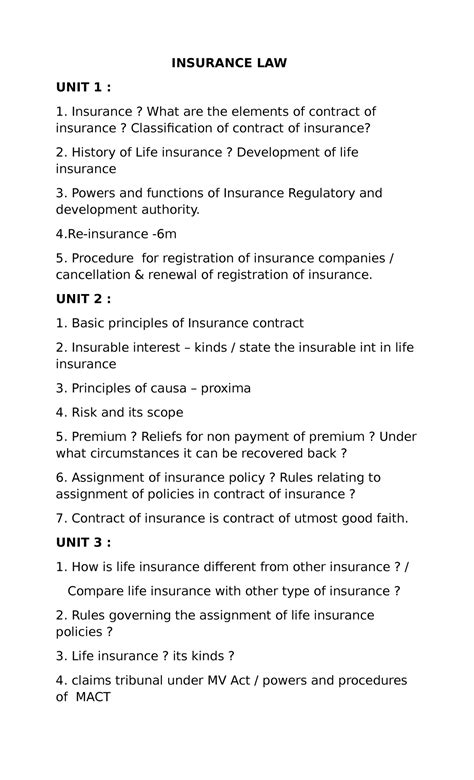 Insurance LAW - Key Questions and Concepts Overview - Studocu