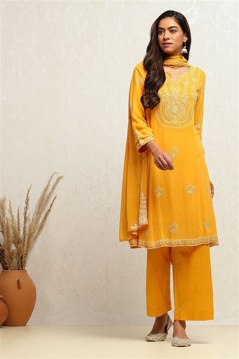 Buy Yellow Embroidered Kalidar Suit Set Online at Biba India
