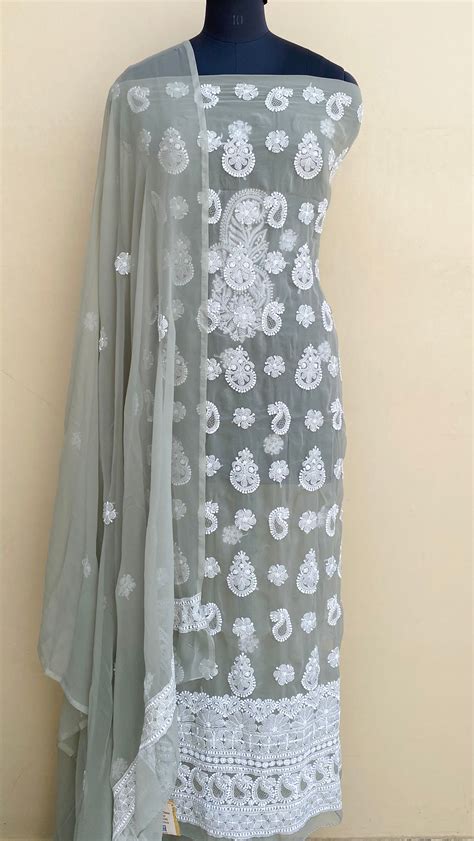 Lucknowi Chikankari Suit Length 3 Piece Gray Georgette With Jaali Work ...