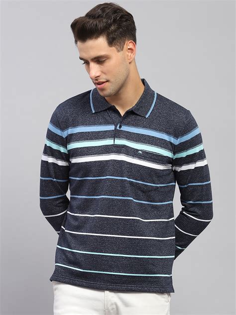 Buy Men Navy Blue Stripe Collar Full Sleeve Winter T-Shirt Online in ...