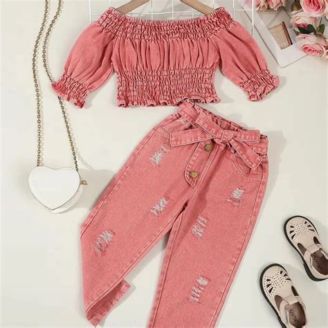 Girls Off-Shoulder Top And Rugged Jeans Co-ord Set – TrendyKid