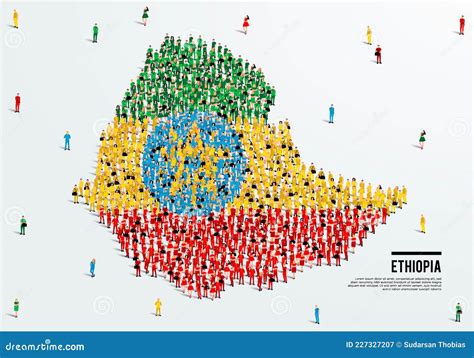 Ethiopia Map and Flag. a Large Group of People in the Ethiopian Flag Color Form To Create the ...