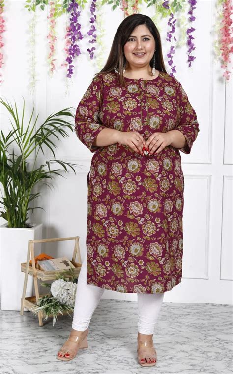 Buy Maroon Cotton Kurta - Plus Size Floral Printed Straight Kurta ...