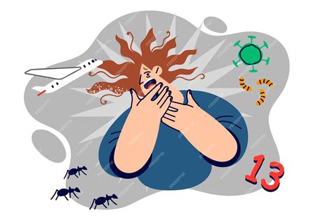 Premium Vector | Irrational phobias and fears in women who is afraid airplanes and number or ...
