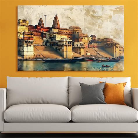 Ethnic Traditional Indian Varanasi Ganga Ghat Banaras Large Wall Art C ...