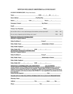 New Patient Sheet - Newton-Wellesley Obstetrics & Gynecology, PC - Fill ...