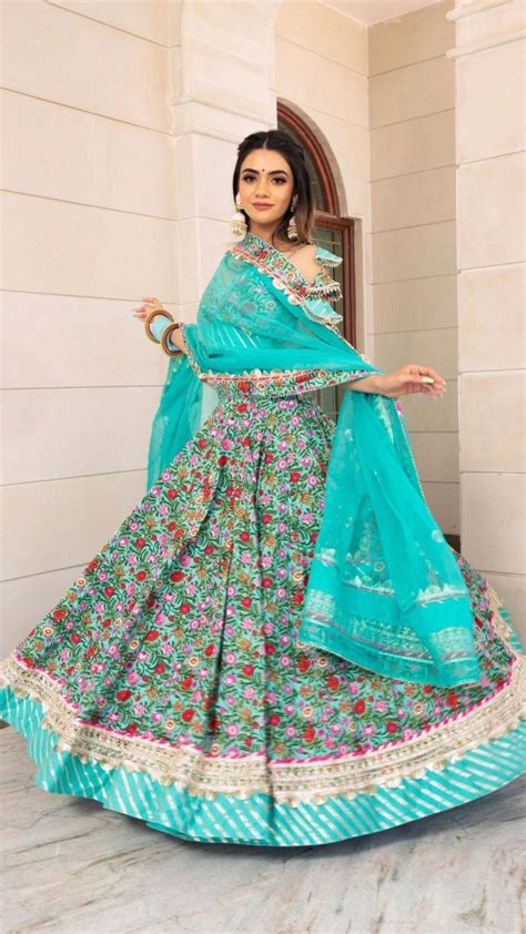 AASMA AQUA BLUE HAND BLOCK PRINT COTTON LEHENGA WITH ORGANZA DUPATTA S ...