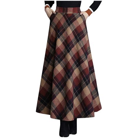 JNGSA Womens Long Skirts, Womens Woolen Plaid Skirt Winter Mid Length ...