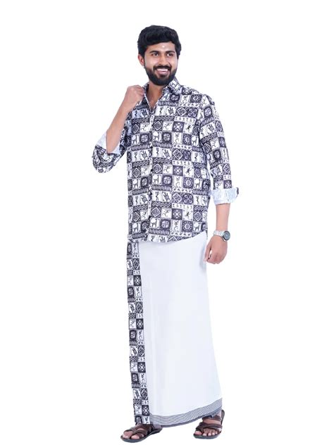 Onam Set Readymade Black&White Printed Full Sleeve Shirt with Matching ...