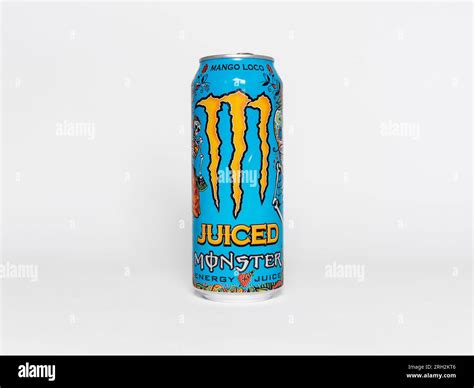 Monster Energy Mango Loco beverage. The can is blue colored with a ...
