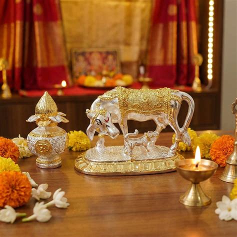 Kamdhenu Cow & Calf Idol + Nariyal Kalash Combo | Gold & Silver Plated ...