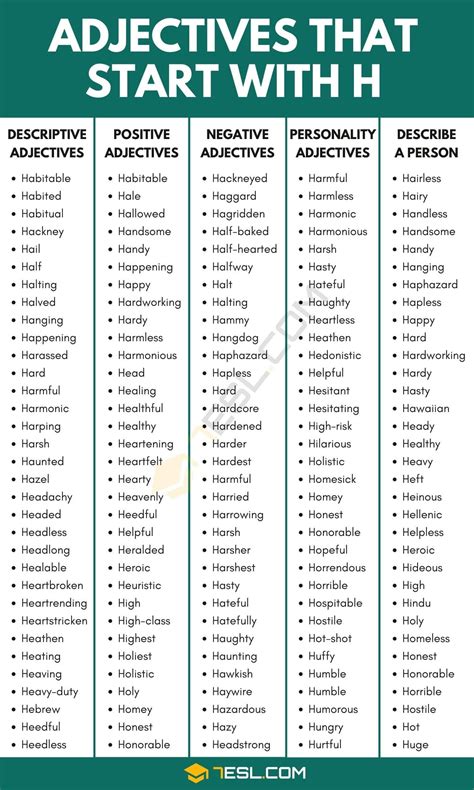 Adjectives that Start with H (1000+ H Adjectives in English) • 7ESL ...