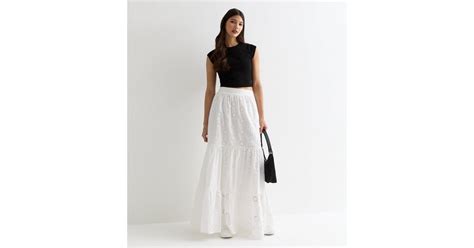 Gini London White Tiered Lace Embroidered Maxi Skirt | New Look