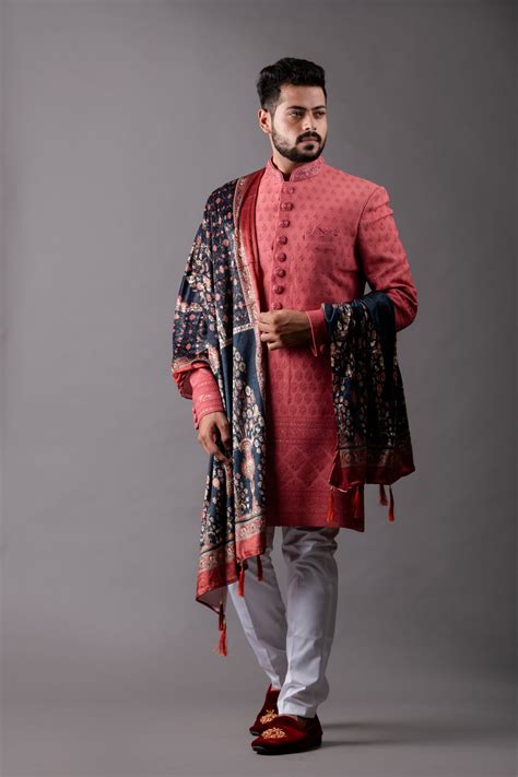 Peach Lucknowi Indo Western Set with Churidar | Shreeman
