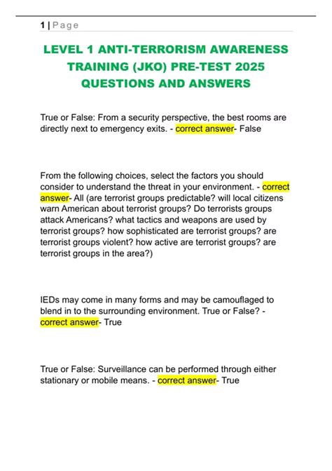 LEVEL 1 ANTI-TERRORISM AWARENESS TRAINING (JKO) PRE-TEST 2025 QUESTIONS ...