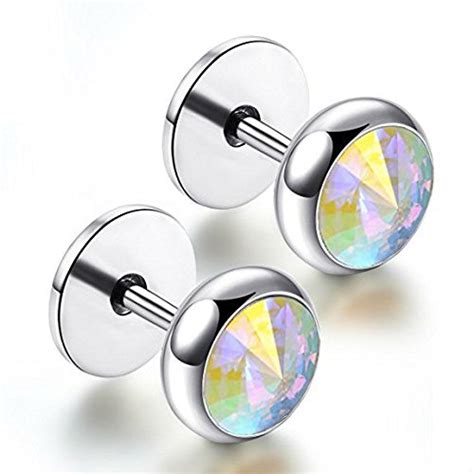 Buy Men's Screw Stud Silver Color Barbell Earrings with Round Opal ...