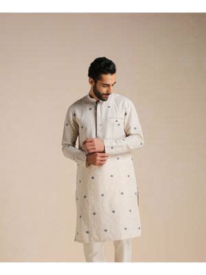 Buy Manyavar Beige Blended Linen Printed Kurta Only Online