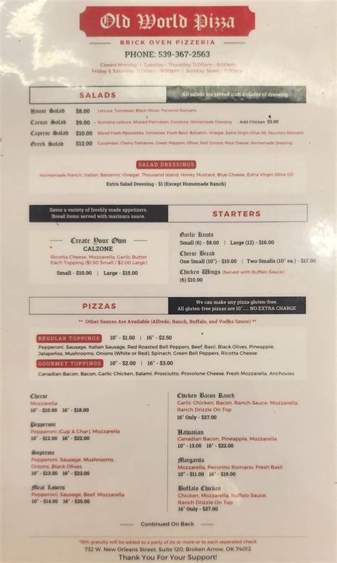 Menu at Old World Pizza pizzeria, Broken Arrow