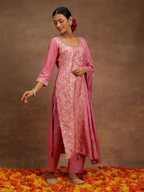Buy Pink Woven Design Silk Blend Straight Suit With Dupatta Online at ...