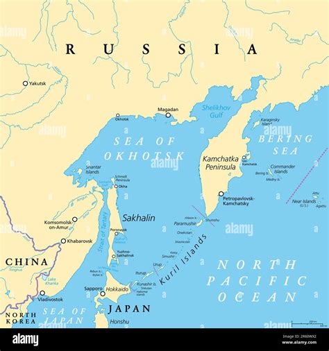 Sea of Okhotsk, political map. A marginal sea of the North Pacific ...