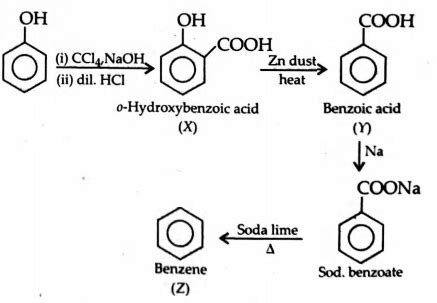C6H5OH xrightarrow[(ii) dil. HCl](i) CCl4, NaOH X xrightarrow[ textheat ...