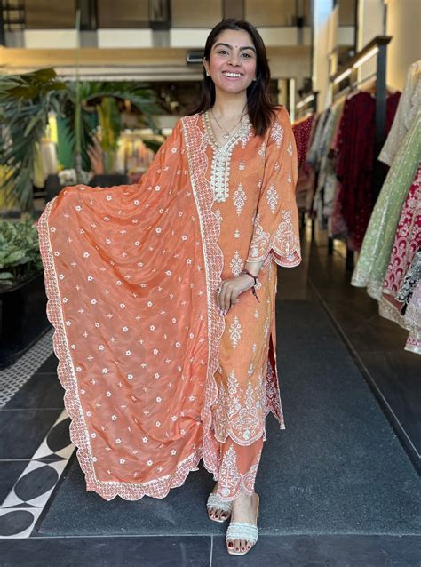 Tissue Linen Satin Emon Burnt Orange Kurta Set