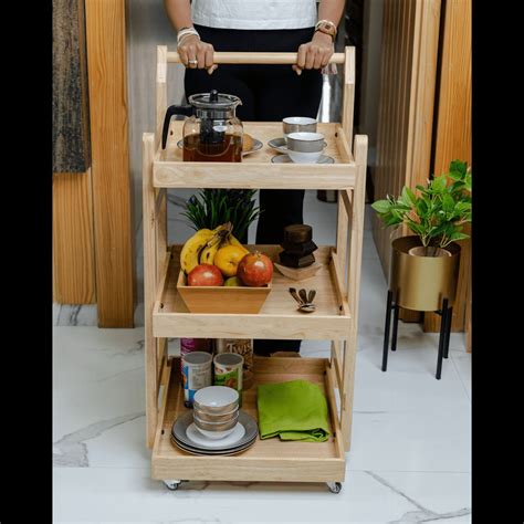Wooden Trolley: Solid Wood Rolling Utility Trolley With 3 Tier Storage ...
